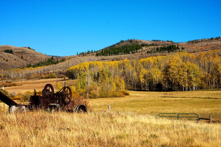 Autumn aspens and old equipment at the ranch